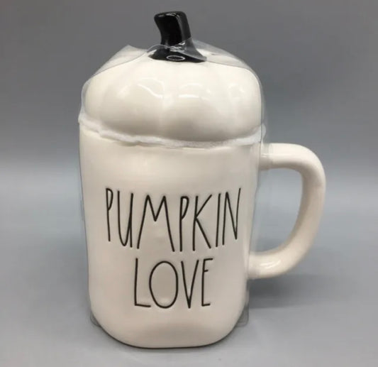 Rae Dunn White PUMPKIN LOVE Mug w Pumpkin Topper Thanksgiving Fall  NEW