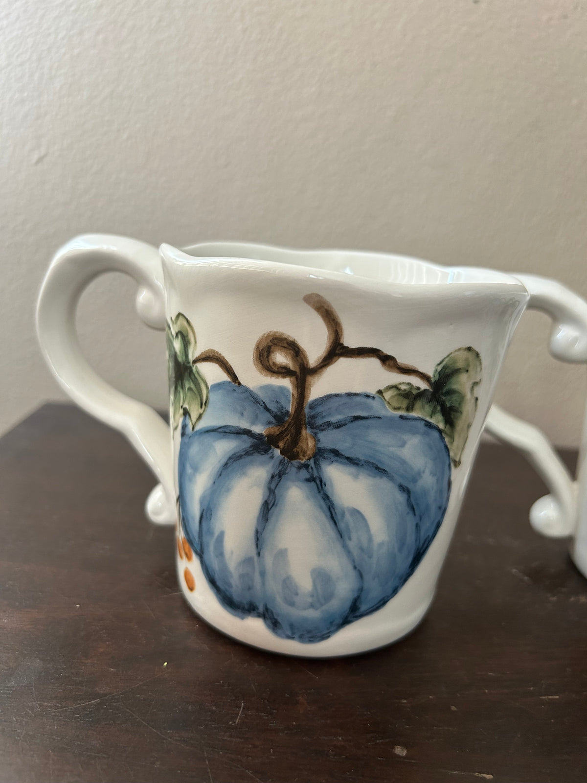 Set Of 2 Pumpkin Fall Coffee Mugs Cups New Thanksgiving Leaves Ceramic Blue