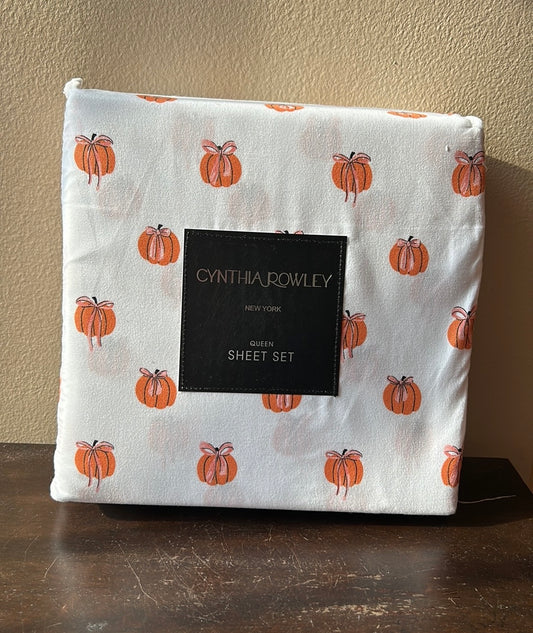 New Cynthia Rowley Cute Fall Pumpkins 4 Piece Queen Sheet Set White
