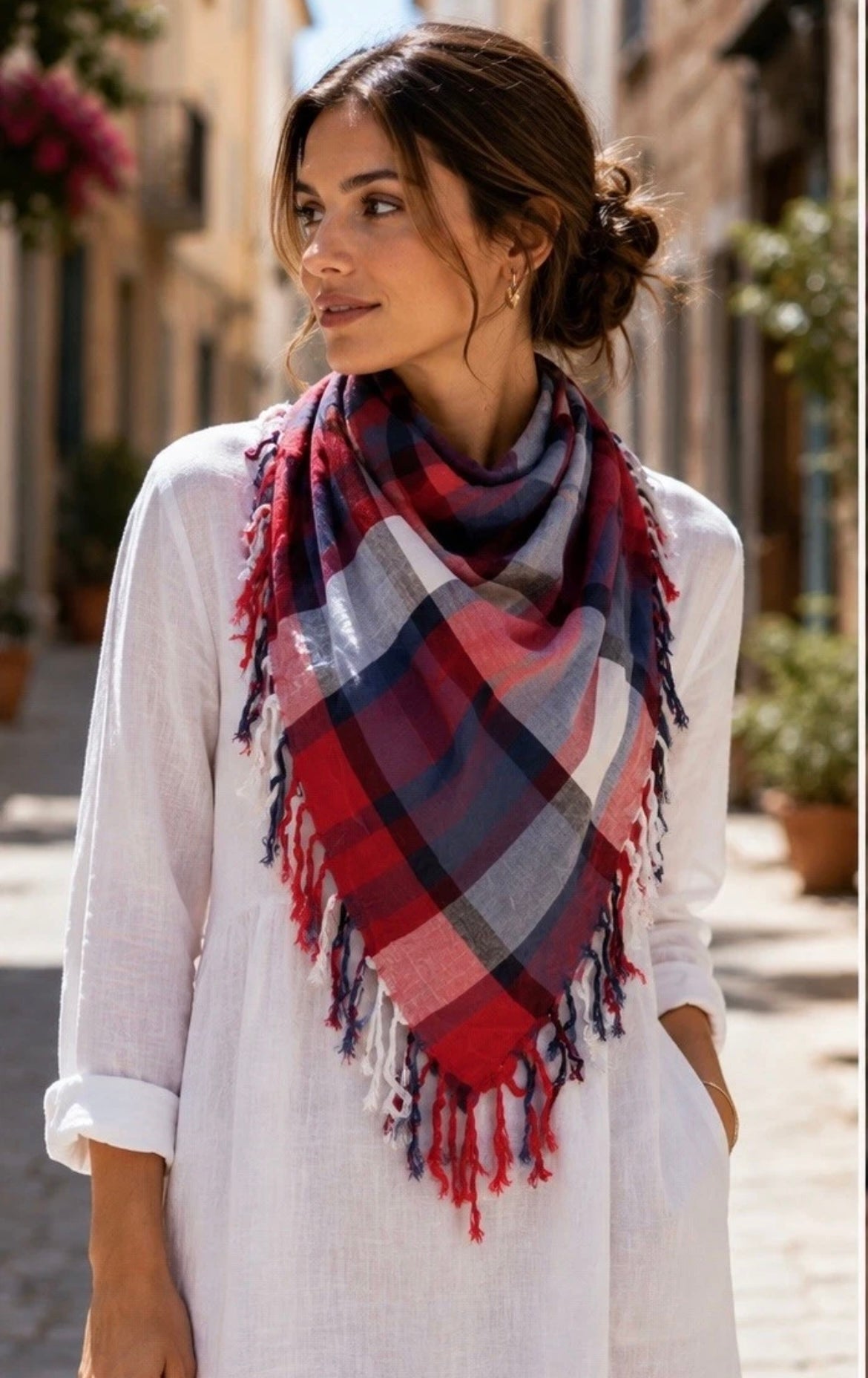 New Womens Scarf Blue Red White Plaid 5000-3102