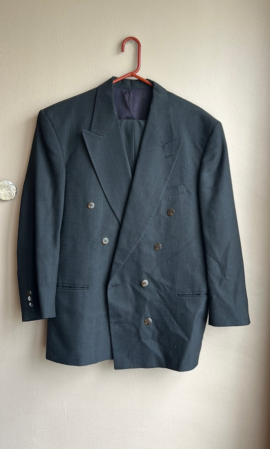 Cezar Del Prado Men’s 2 Pc Suit Striped Sz 42 Double Breasted Black Made Spain