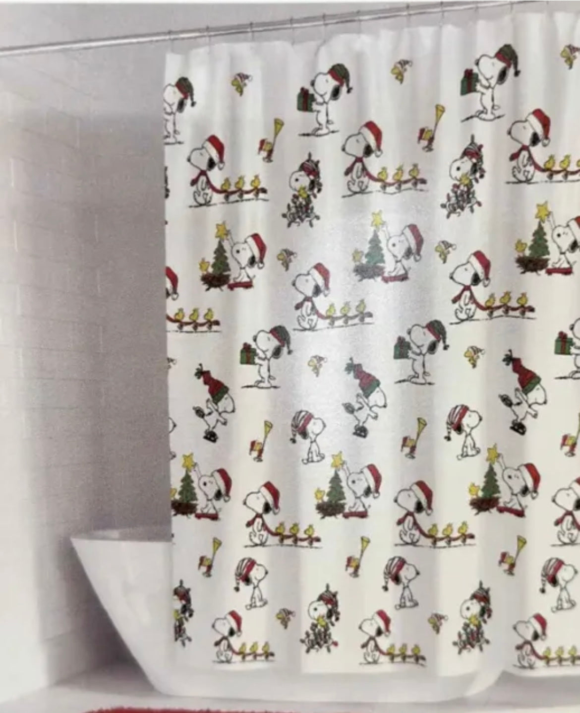 Peanuts Snoopy Gang Christmas Fabric Shower Curtain Cotton Trees Santa Lights