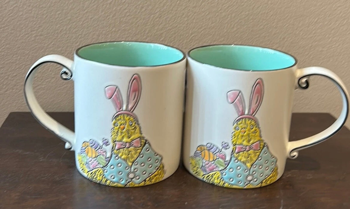 Eli & Ana Set of 2 Coffee Mugs Easter Chick Bunny Ears Ceramic New