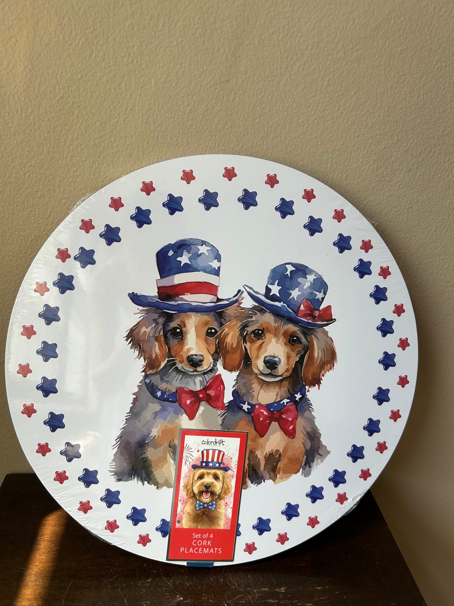 Colordrift Set of 4 Cork Placemats Americana Dogs Stars Stripes July 4th New