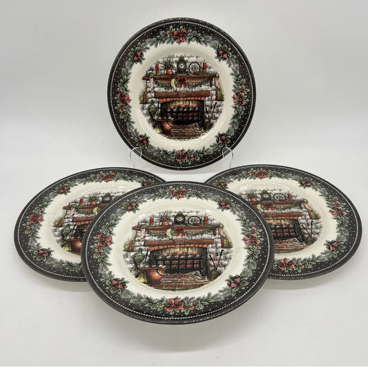 New Royal Stafford Christmas Eve 4 Salad  Plates 8 1/2” Fireplace Victorian