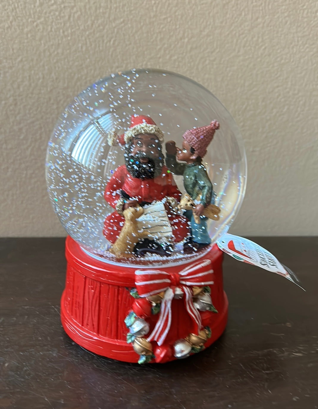 African American Santa Claus & A Little Boy Snowglobe Musical New Christmas