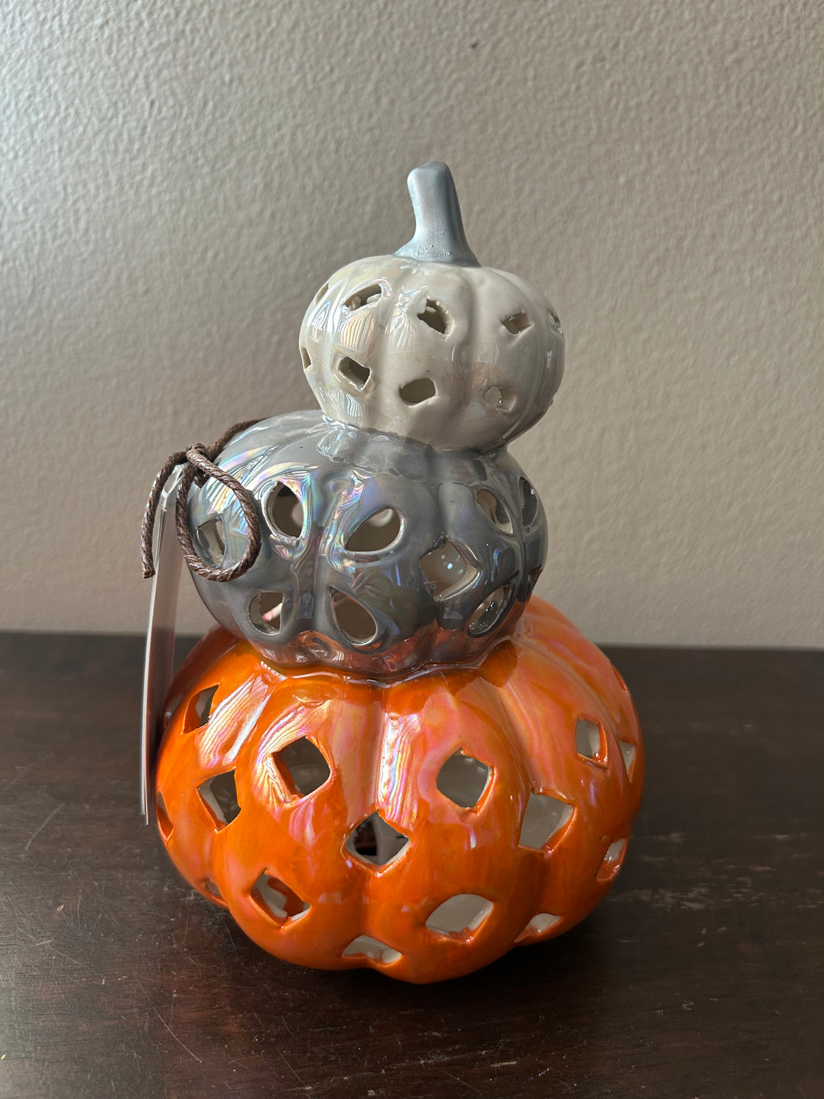 New Stacked Led Light Up Pumpkins Multicolor Fall Decor Ceramic 7.5” Tall