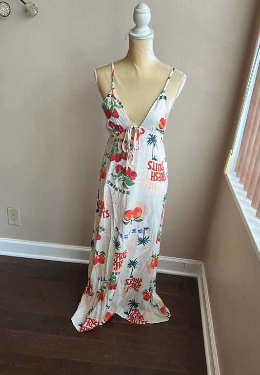 Paper Heart Womens Linen Blend Maxi  Dress Sz M Fruits Palm Trees New Strapless