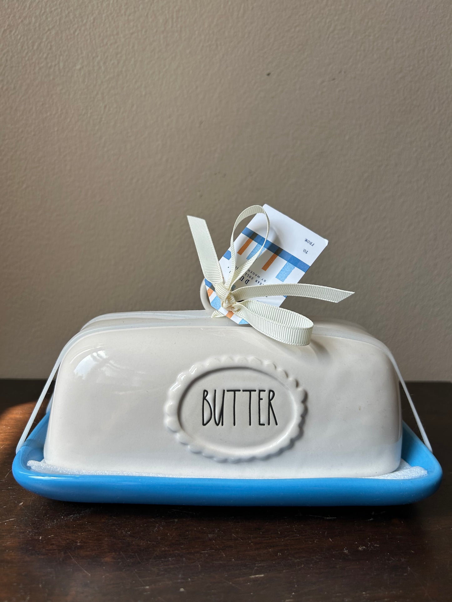 Rae Dunn Butter Dish Blue Off White  New Ceramic