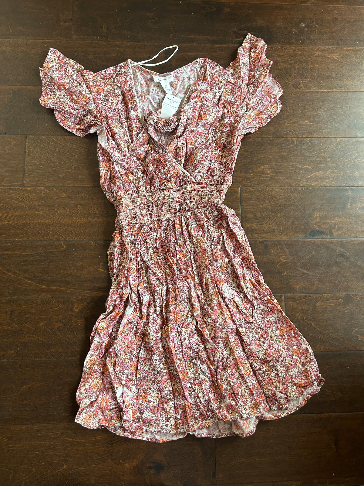 Japna Women’s Mini Dress New Floral Flutter Sleeve Viscose Ruffle Smocked Waist Sz S