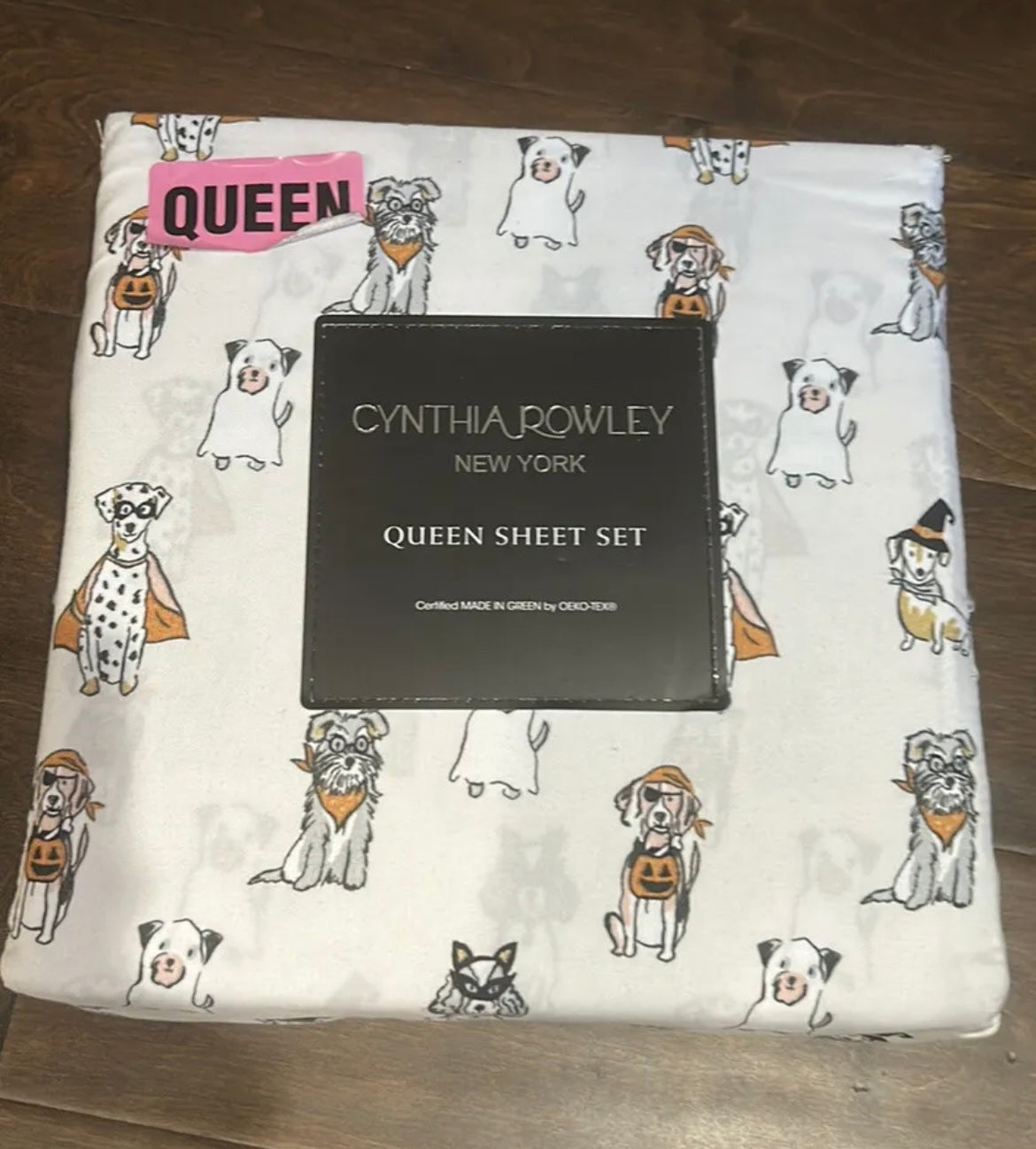 Cynthia Rowley Halloween Dogs In Costumes Pumpkins Queen Sheet Set New