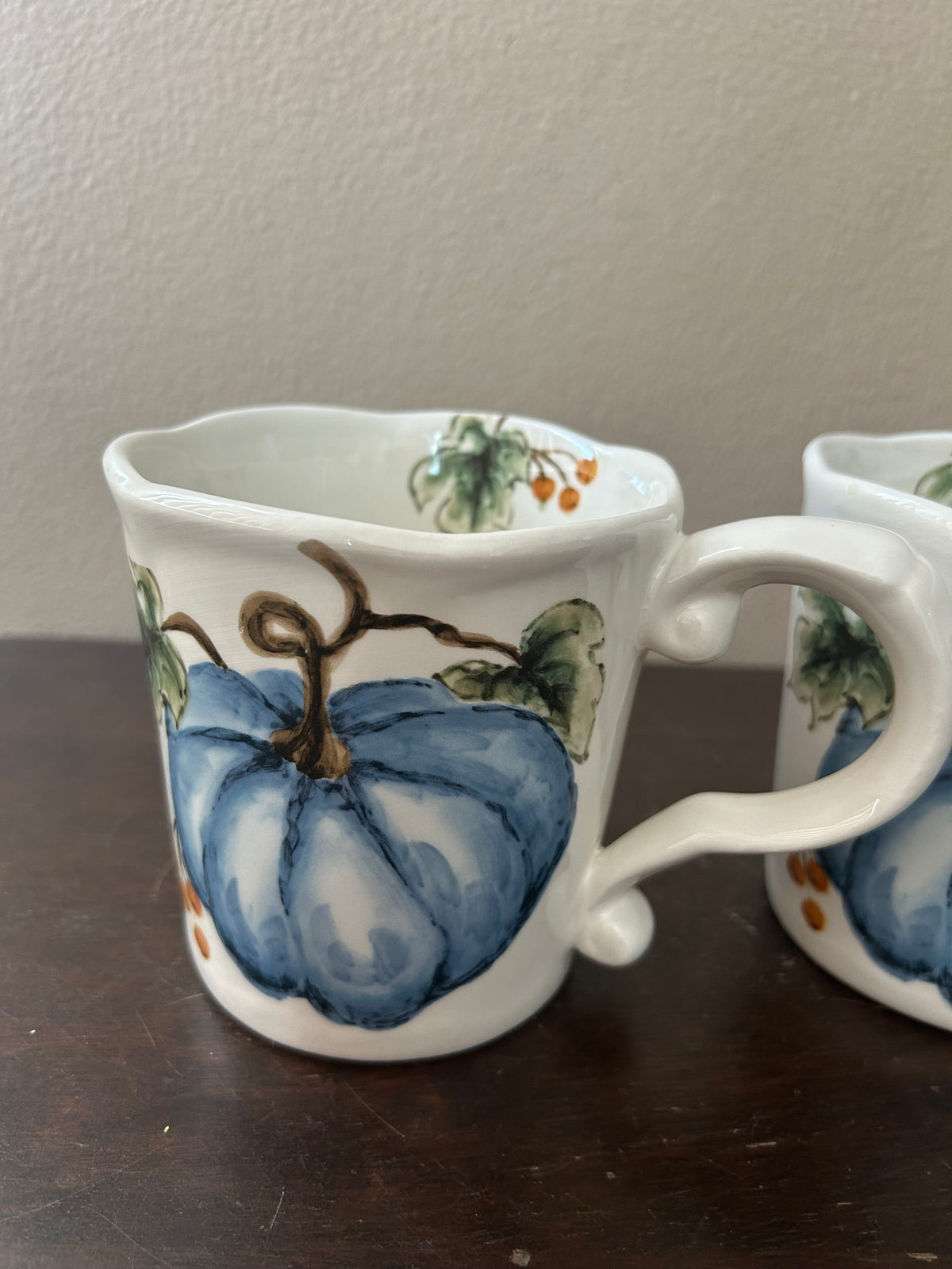 Set Of 2 Pumpkin Fall Coffee Mugs Cups New Thanksgiving Leaves Ceramic Blue