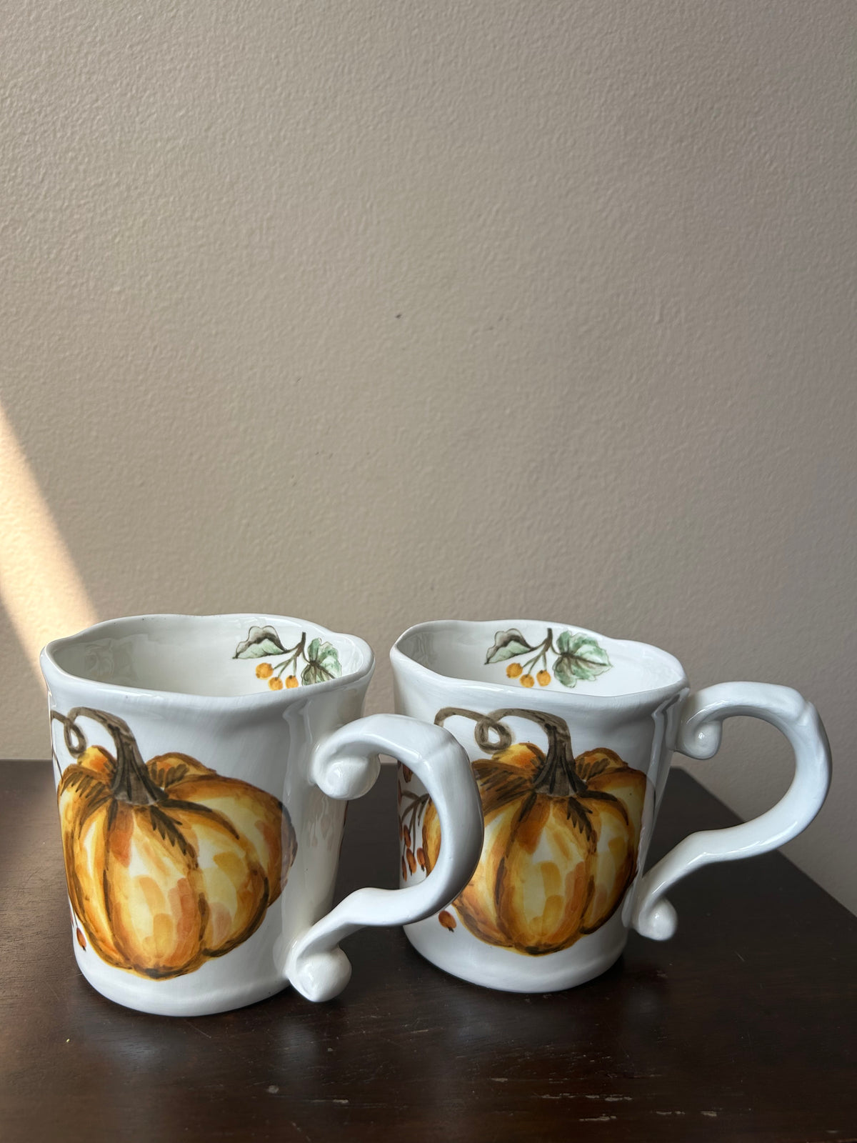 Set Of 2 Pumpkin Fall Coffee Mugs Cups New Thanksgiving Leaves Ceramic