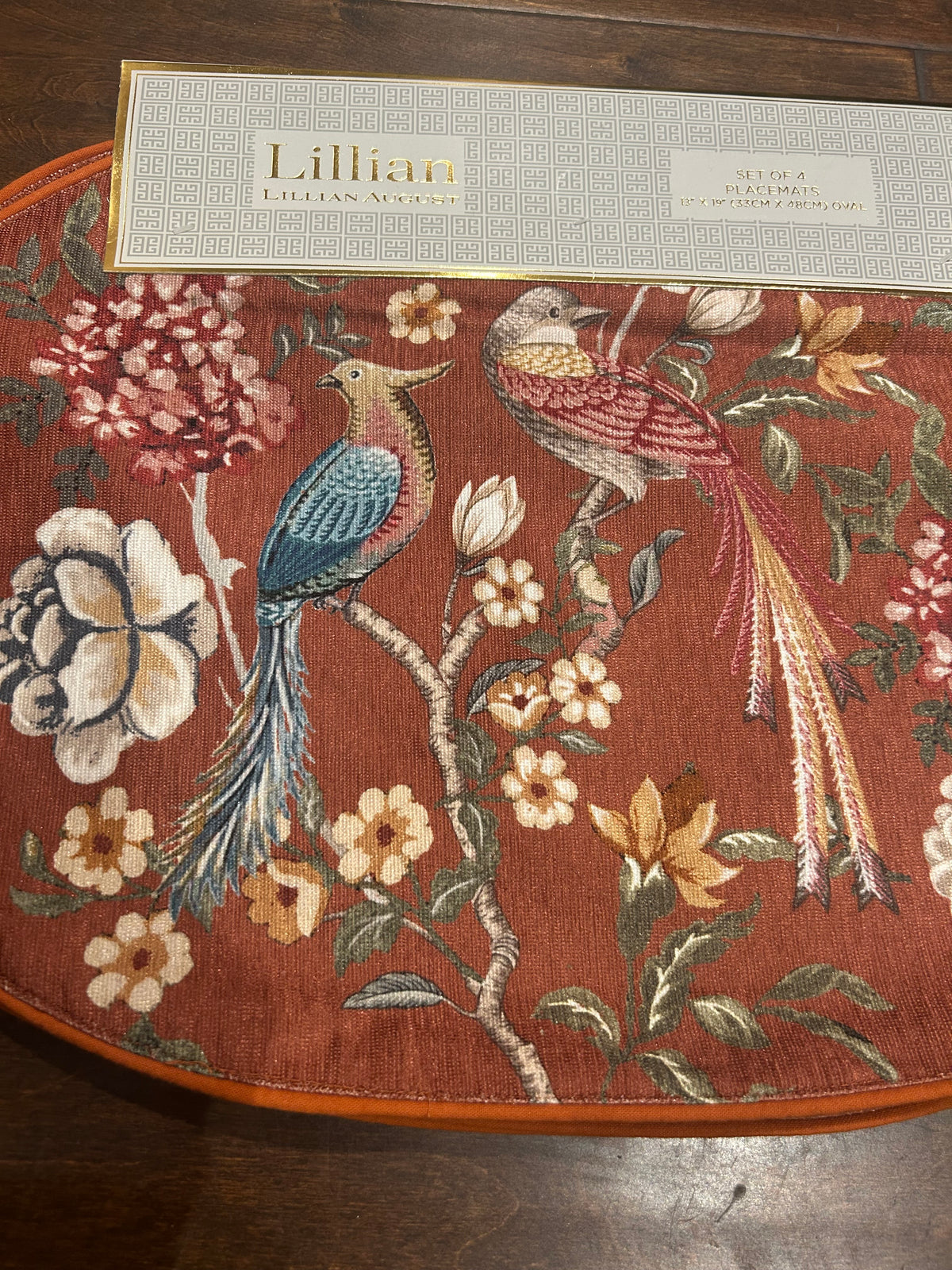 Lillian August New Set Of 4 Placemats Fall Thanksgiving Floral Birds
