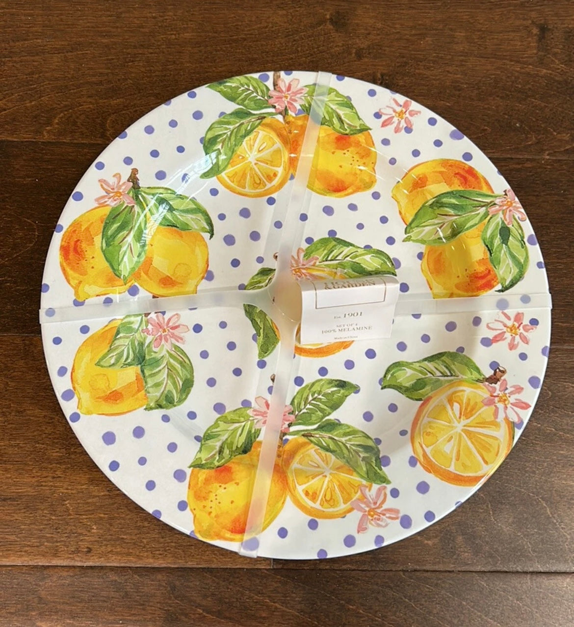 House & Garden Lemon Polka Dot Print Melamine Dinner plates  & Bowl 8 Pc Set New