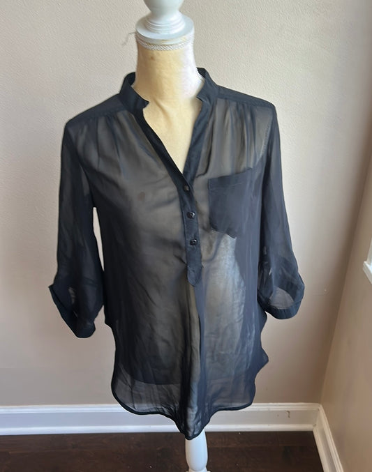 New Women’s Black Blouse Top Sheer New Sz M ST2225 Roll Tab Sleeve