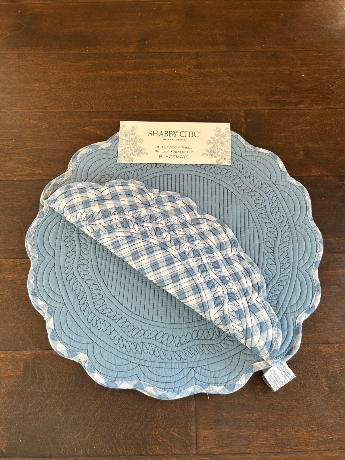 Shabby Chic 4 Scalloped Gingham Reversible Plaid Blue Quilted Placemats New