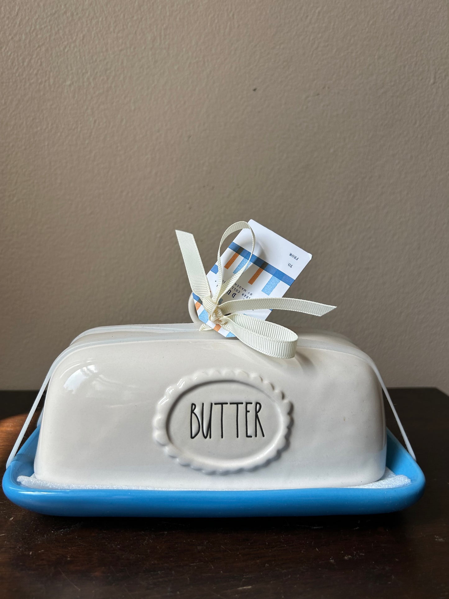 Rae Dunn Butter Dish Blue Off White  New Ceramic