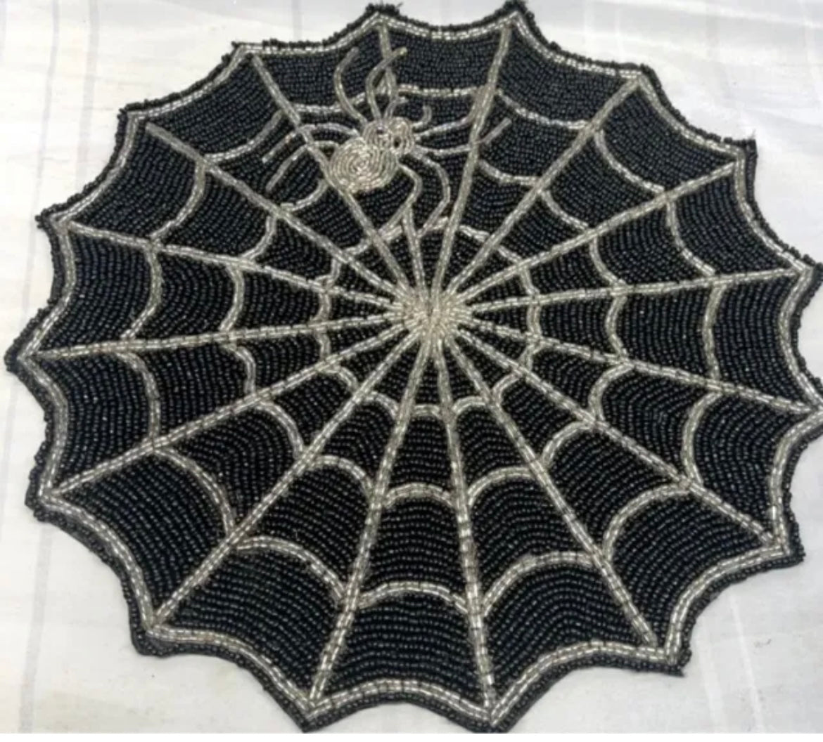 2 pc Halloween Beaded Placemat Charger Black Spider Web Silver New