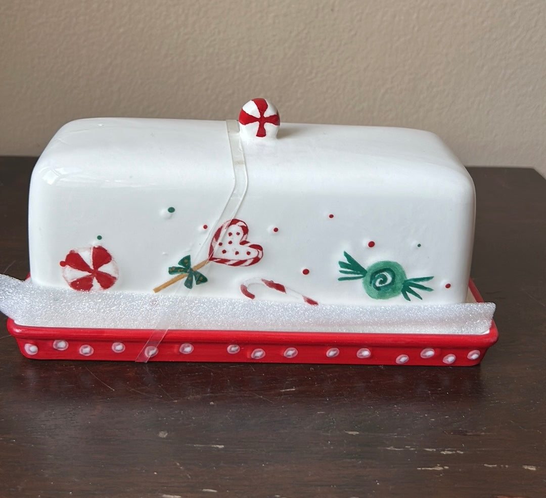 Potters Studio Butter Dish Christmas New Peppermint Candy Cane