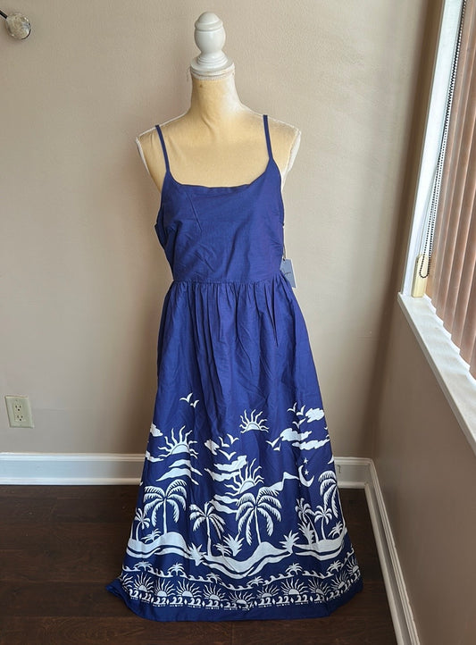 Japna Women’s Dress Maxi Cotton New Blue White Tropical Sz S Smocking Pockets