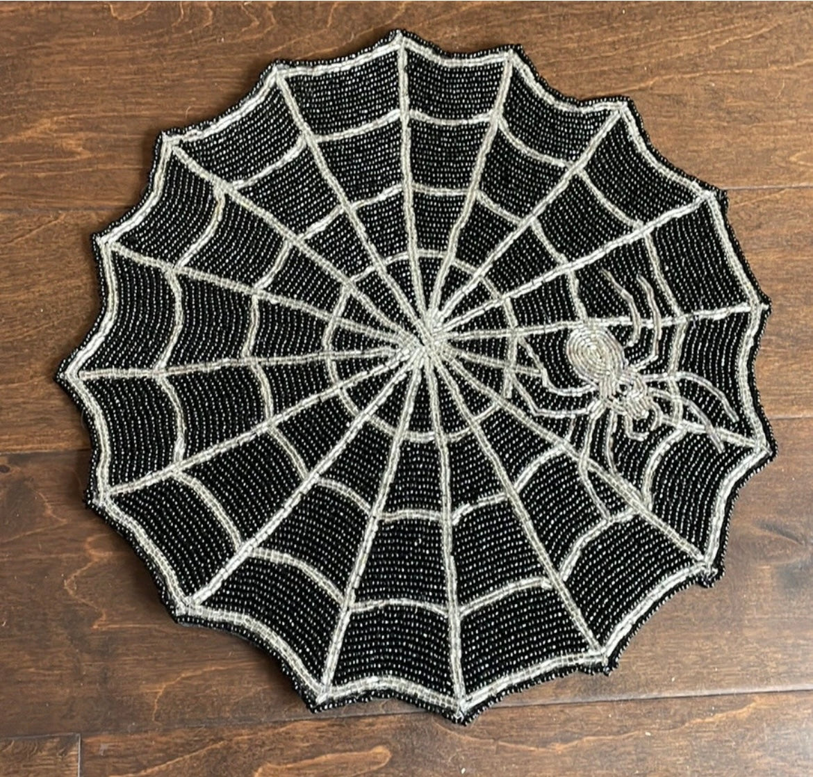 New Spider Web Placemat Decor Accent Silver Black Halloween Beaded Charger