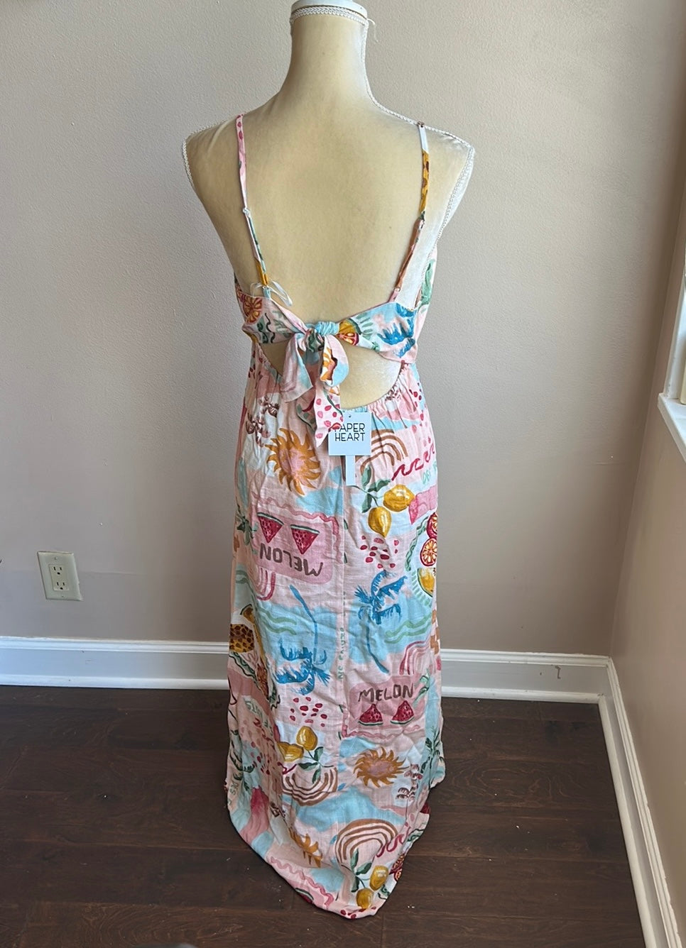 Paper Heart Womens Linen Blend   Dress Sz L Fruits Palm Trees New Tropical