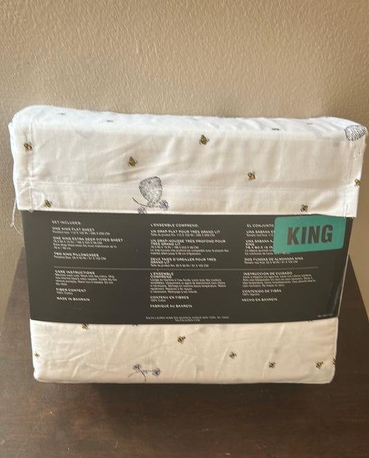 Ralph Lauren KING Sheet Set Bumble Bee Hive Flowers Cotton 18" X-Deep Mattress