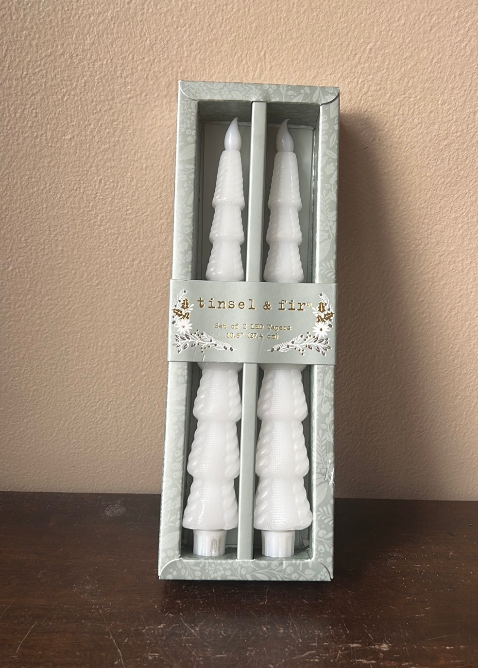 Tinsel & Fir Flameless Taper Candles 2 Pcs LED Christmas Tree 10.8” White