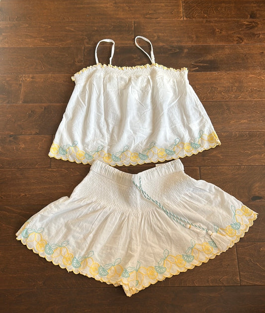 Joie Womens Embroidered Pajama Set Shorts Top New Cotton Lemons