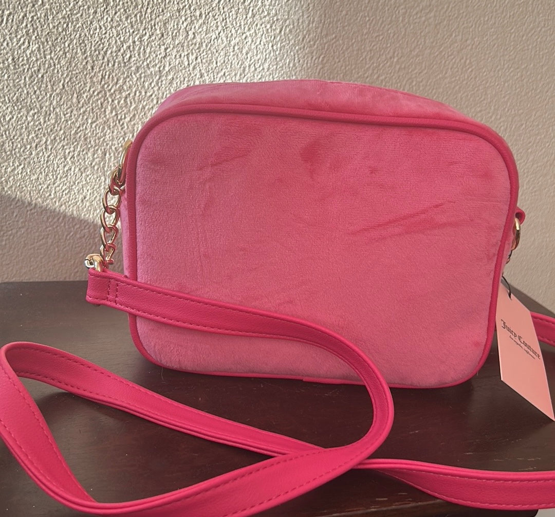 Juicy Couture Pink Flash Heritage Crossbody Bag Pink Velour NWT Crown Heart