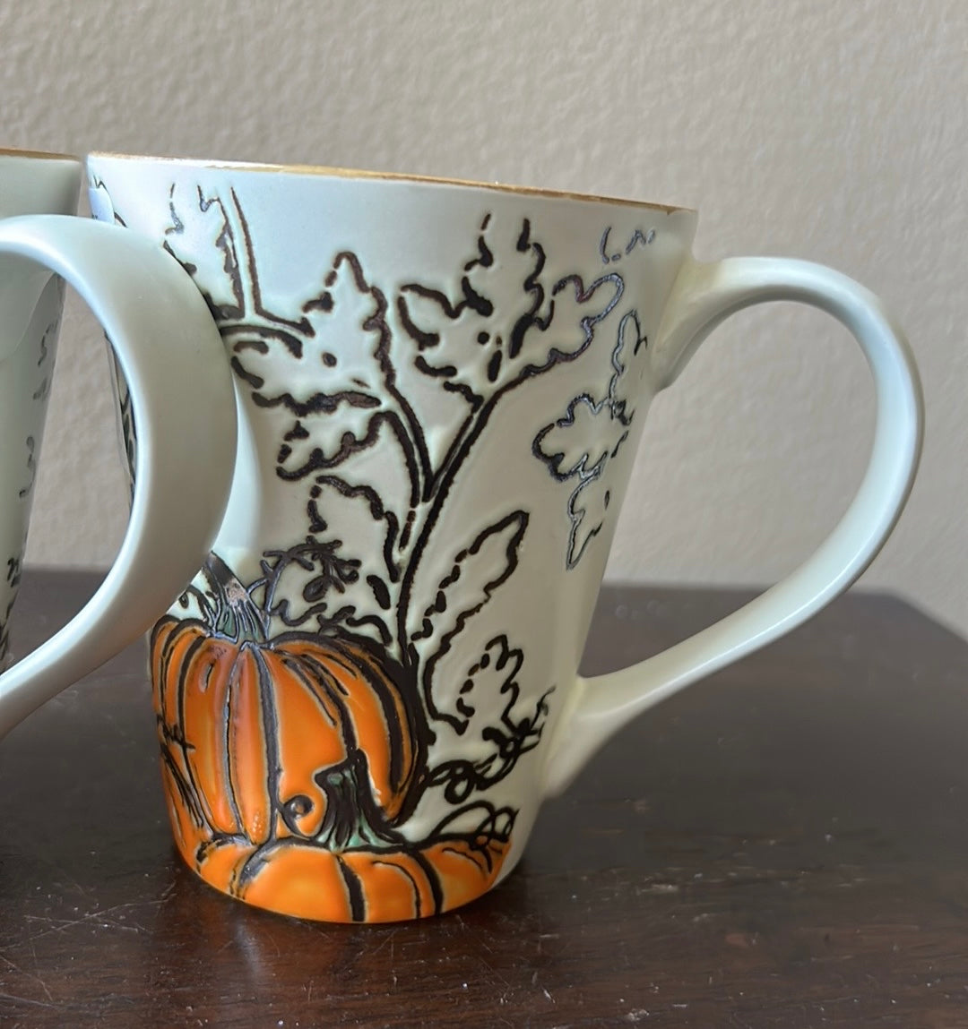 Eli & Ana Pumpkin Leaves Thanksgiving Set Of 2 Mugs Cups Ceramic Fall New