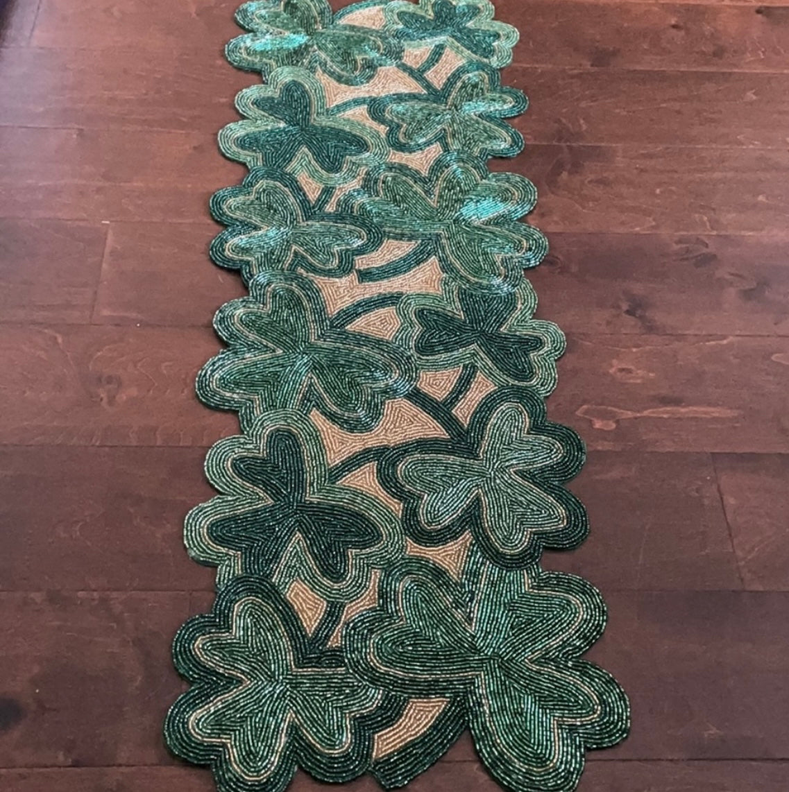 St Patricks Day Table Runner  Irish Clover Beaded Centerpiece Green Gold