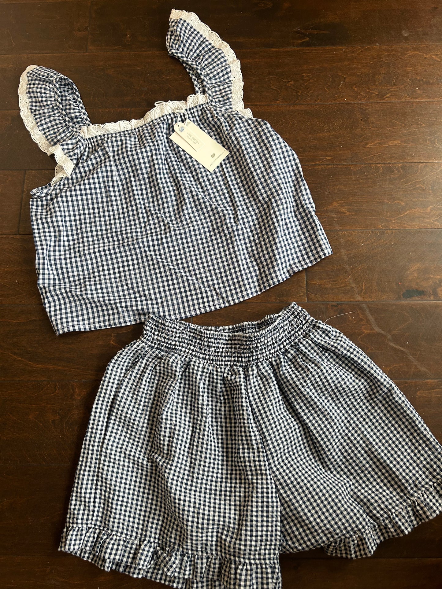 New Caroline Constas Womens Blue White Pajama Set Plaid Cotton Sz S