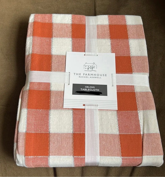 Farmhouse Rachel Ashwell Tablecloth Plaid Fall New 60”x84” Lurex Rust Orange