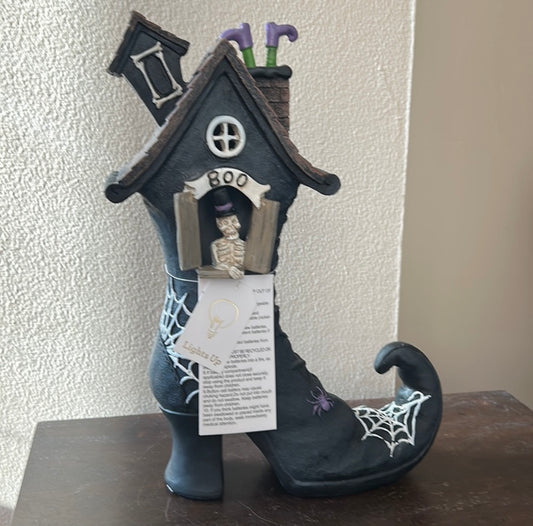 New Halloween Witch Boot House Light Up Skeleton Figurine Statue Tabletop 12"￼