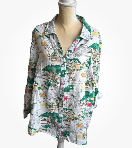 Cynthia Rowley Womens Plus Sz 2X Blouse Shirt New Amalfi Coast Linen Rolled Cuff