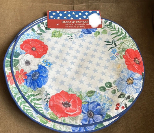 Stars & Stripes Set of 4 Americana Floral Red White blue Placemats New