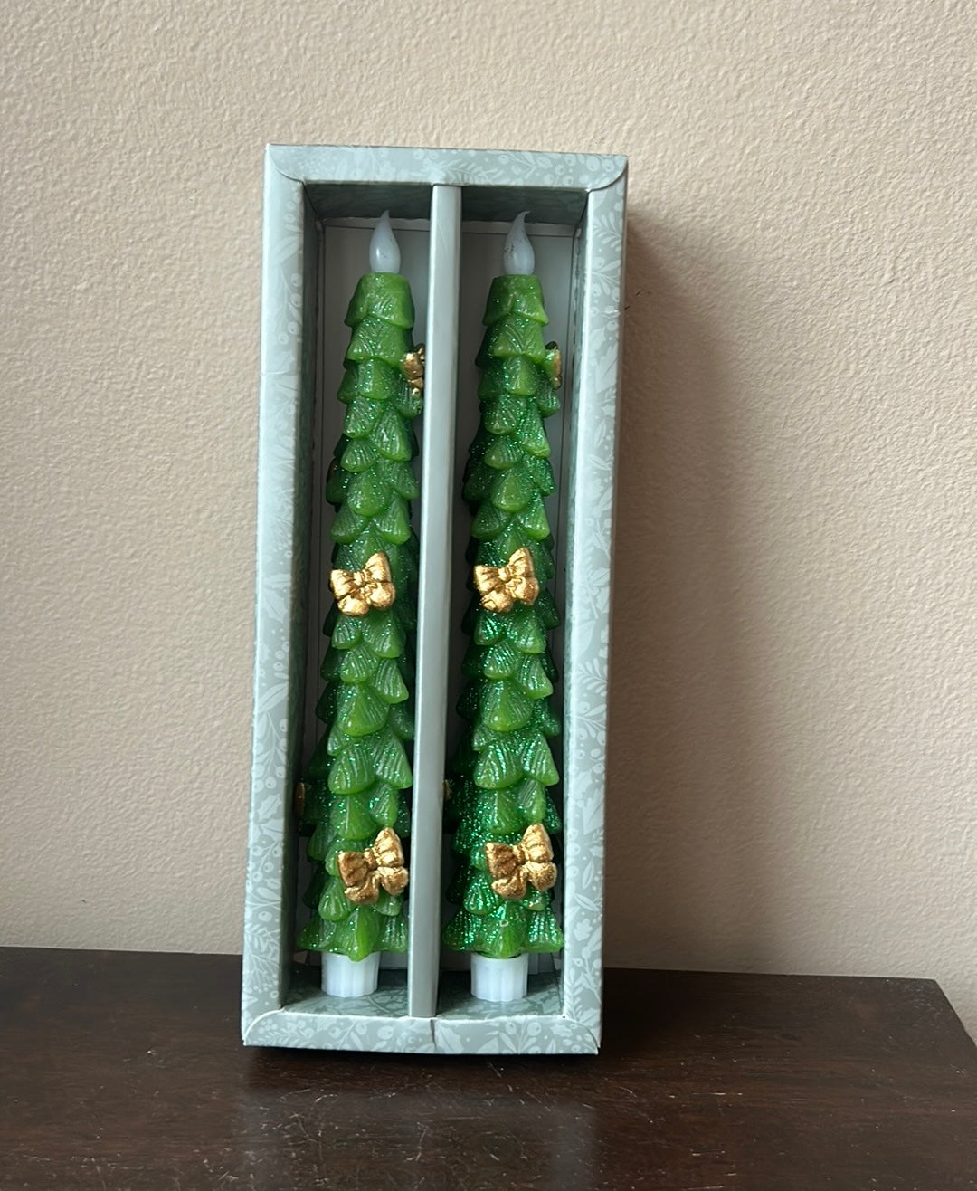 Bella Lux Flameless Taper Candles 2 Pcs LED Christmas Tree Bows 10.8” Green Gold