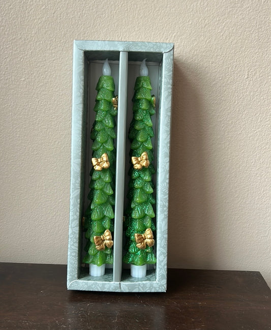 Bella Lux Flameless Taper Candles 2 Pcs LED Christmas Tree Bows 10.8” Green Gold
