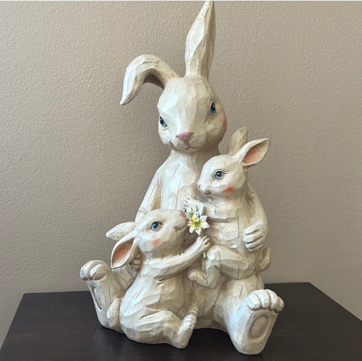 Bunny Rabbit With Baby bunnies Easter Beige Figurine Rustic New