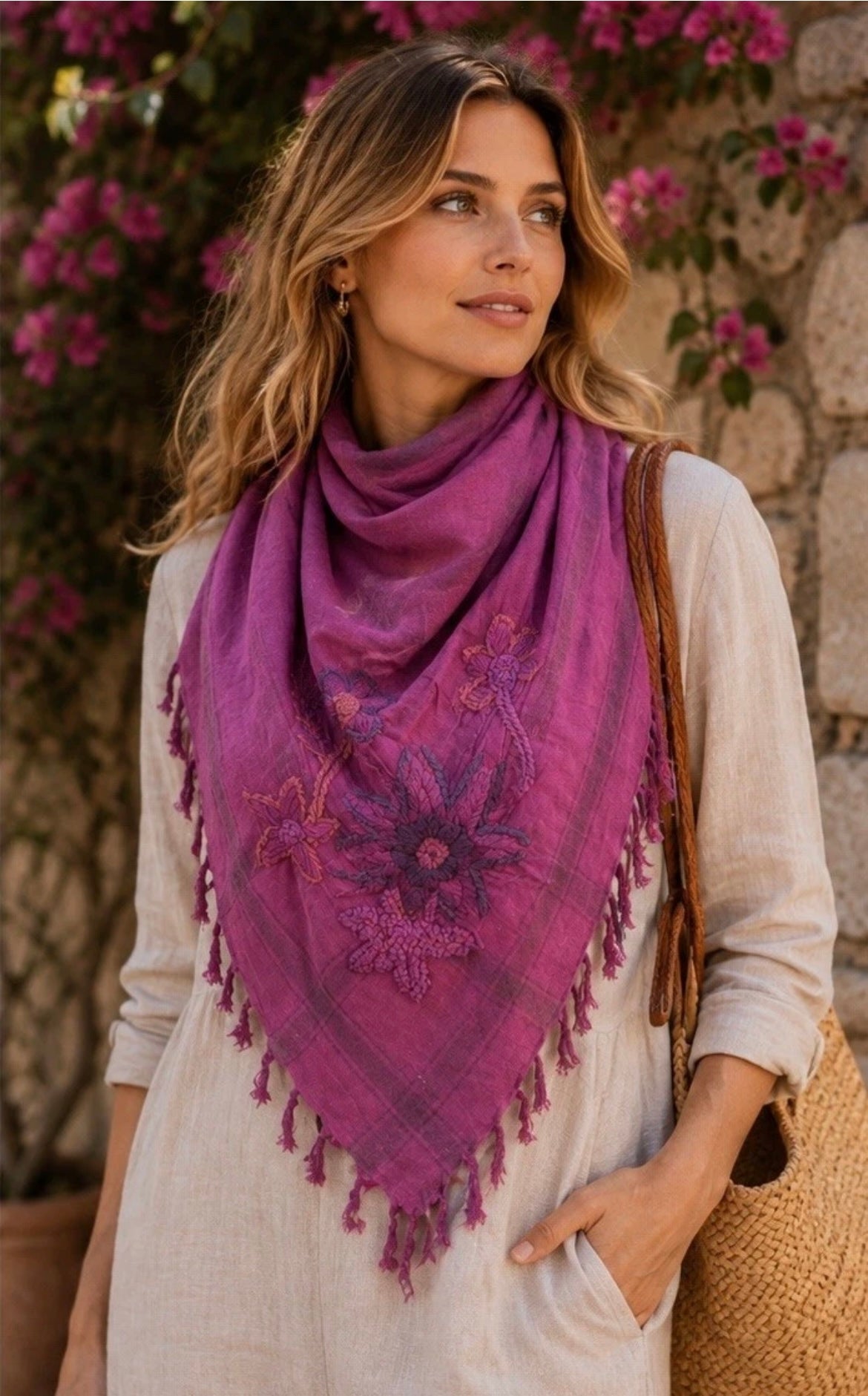 Women Multicolor Pink Printed Embroidered Fringed Scarf Cotton New 5000-3102