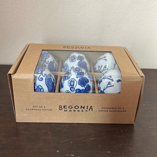Begonia Market Easter Eggs Set Of 6 Blue White Floral Birds New Ceramic
