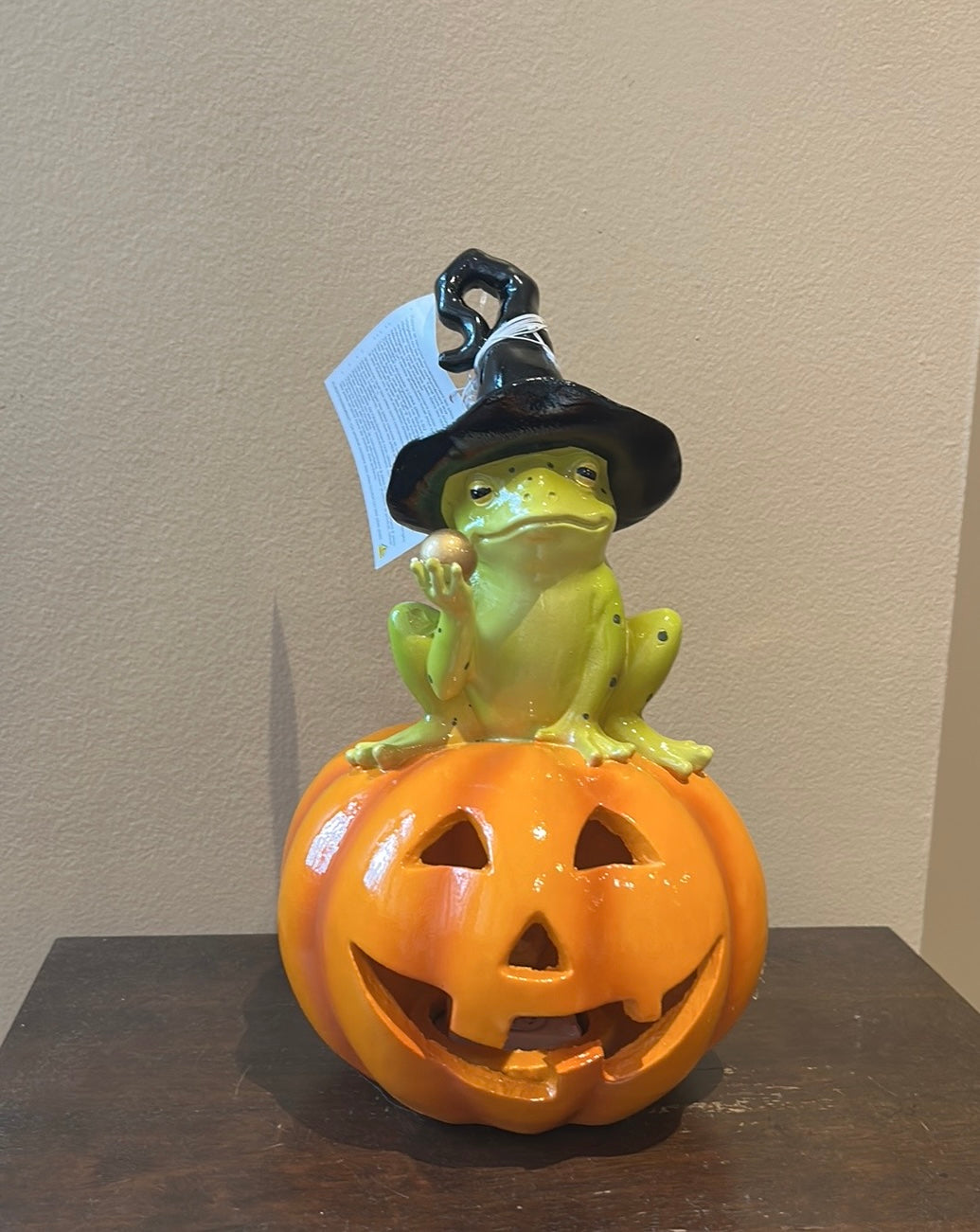 New Light Up LED Pumpkin With Frog Wearing Witch Hat On It Halloween Figurine