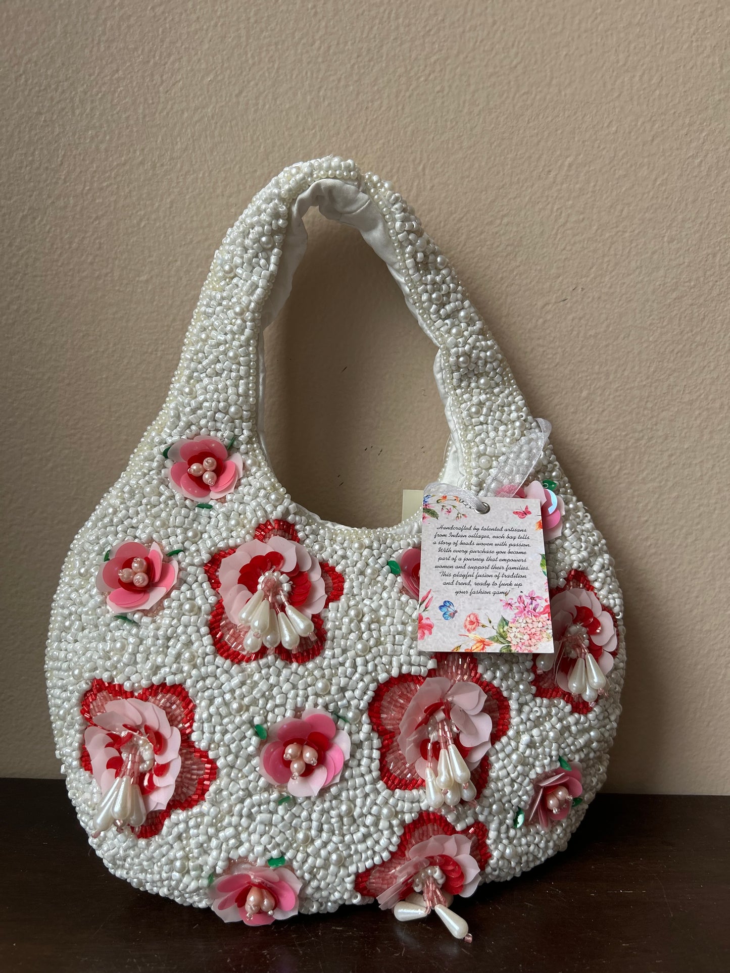 New Off White And Pink Floral Beaded Bag Off White Pink Handcrafted