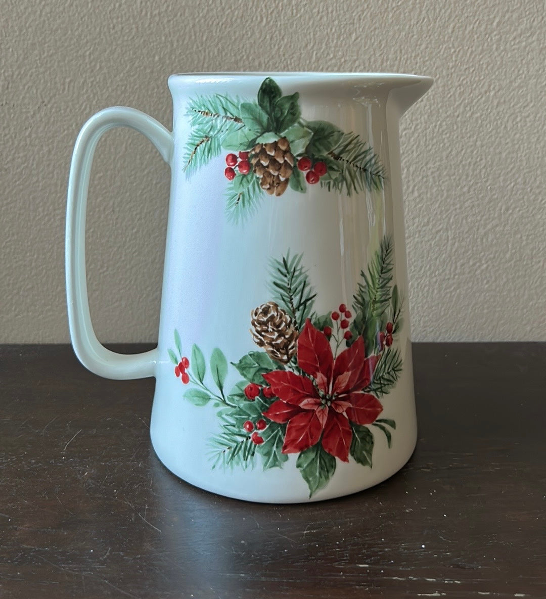 Maxcera Ceramic Pitcher  Christmas Poinsettia Holly Berries Pinecone New