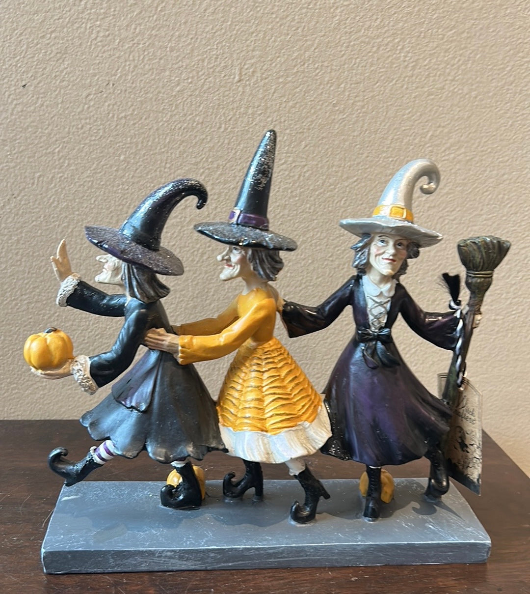 Set of 3 Witches With Witch Hats Broom Halloween Decor Figurine