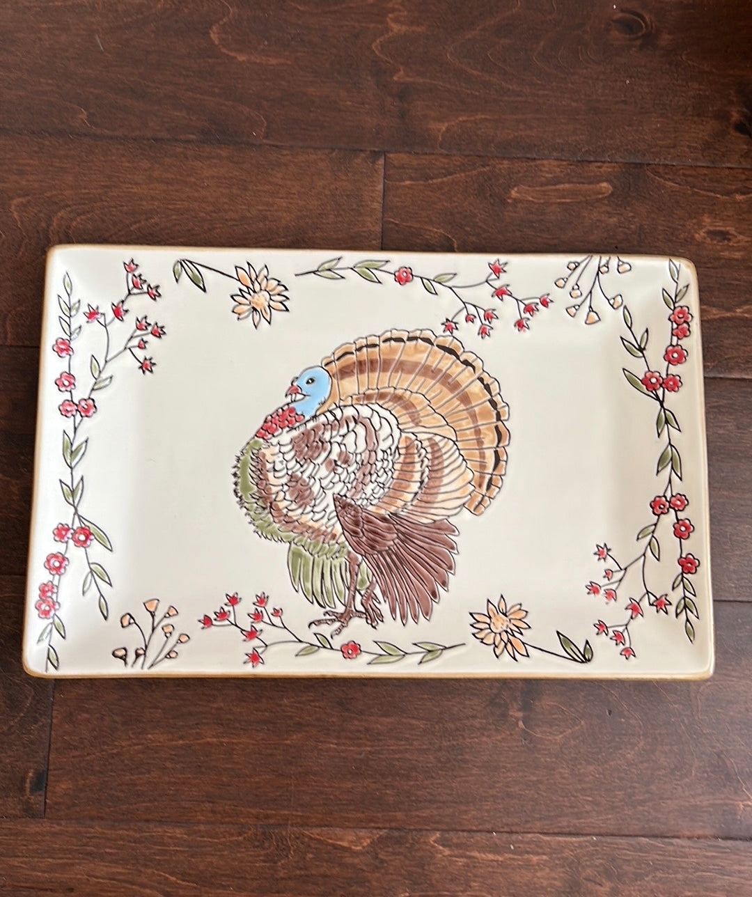 Eli & Ana Turkey Print Ceramic Platter Floral Thanksgiving Fall New