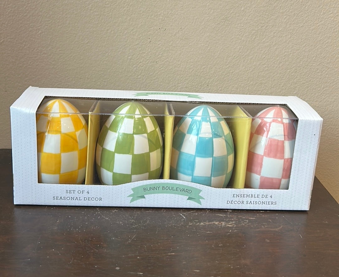Bunny Boulevard Set Of 4 Easter Eggs New Ceramic Checkered Multicolor