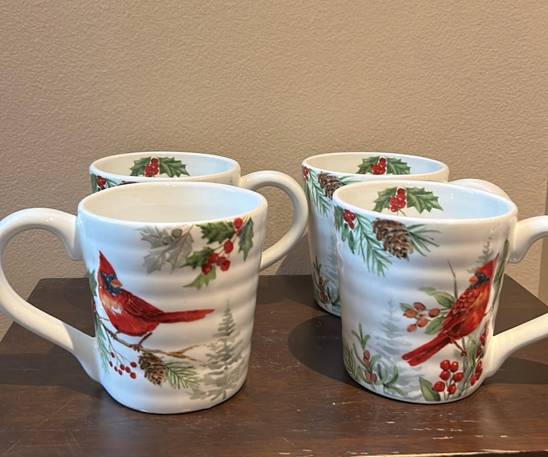 Maxcera set of 4 Christmas Mugs New Red Cardinal  Holly Berries Ceramic